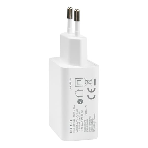DELTACO USB-C PD väggladdare med avtagbar USB-C till USB-C kabel, 20 W, 1m kabel, vit