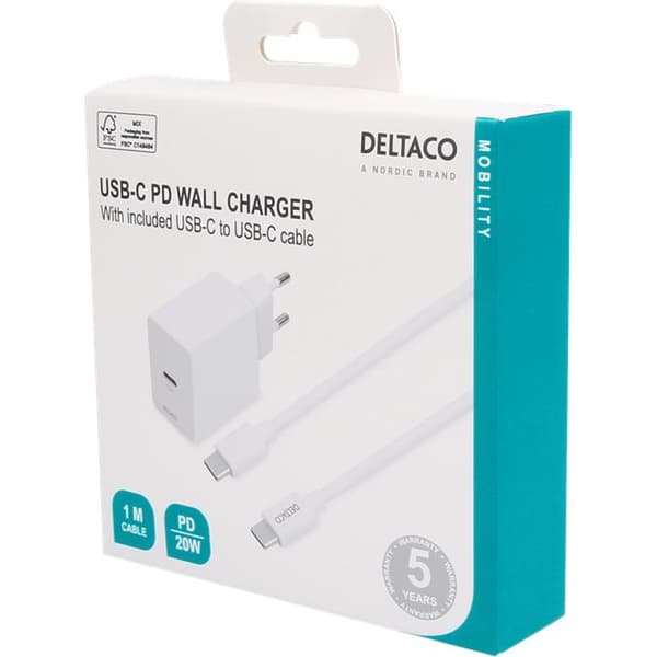 DELTACO USB-C PD väggladdare med avtagbar USB-C till USB-C kabel, 20 W, 1m kabel, vit