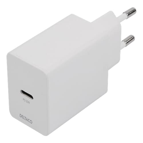 DELTACO USB-C PD väggladdare med avtagbar USB-C till USB-C kabel, 20 W, 1m kabel, vit