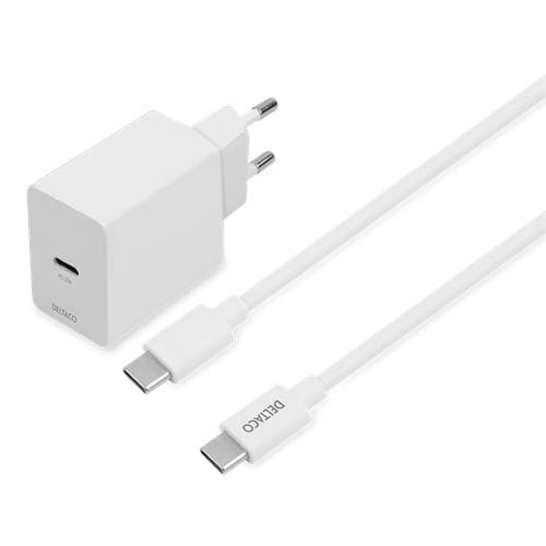 DELTACO USB-C PD väggladdare med avtagbar USB-C till USB-C kabel, 20 W, 1m kabel, vit
