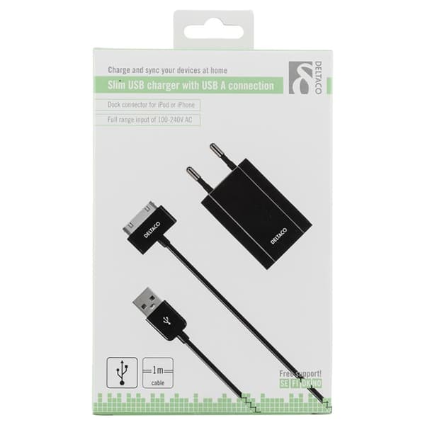 DELTACO Väggladdare 230V till 5V USB med USB till Apple 30-Pin kabel, 1A, 1m - Svart