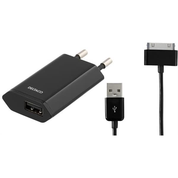 DELTACO Väggladdare 230V till 5V USB med USB till Apple 30-Pin kabel, 1A, 1m - Svart