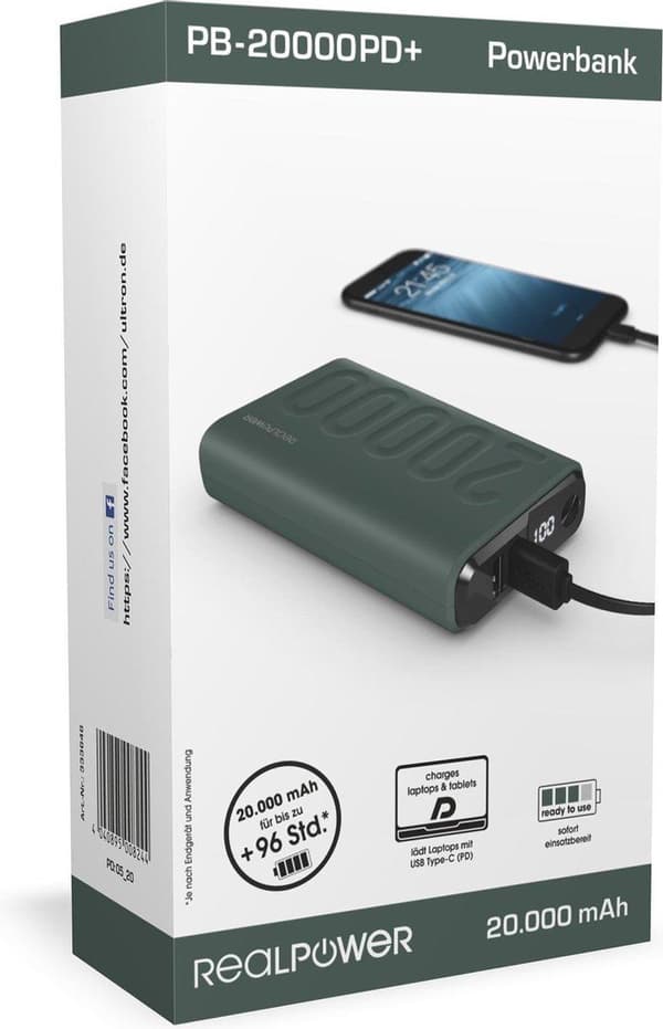 RealPower - PB-20000 PD+ Grøn - 20.000 mAh Powerbank med USB-C Power Delivery til hurtig opladning med display - Grøn
