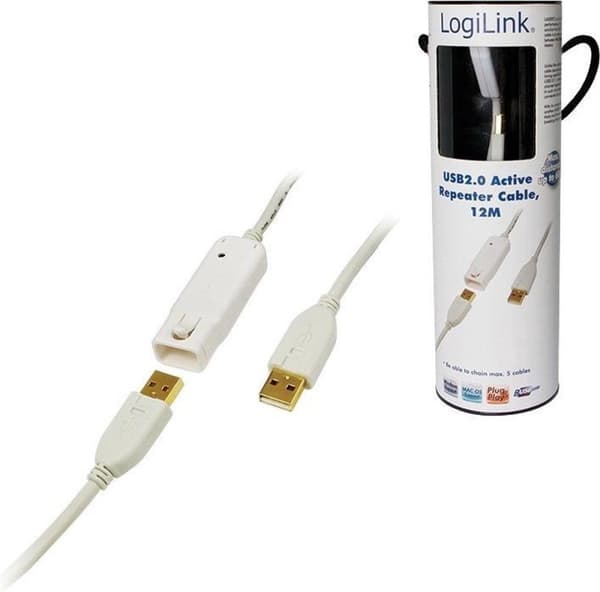 LogiLink USB 2.0 Repeater, 12 m aktiv forlænger, Hvid