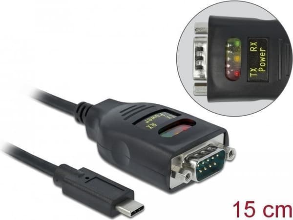 Delock Adapter USB Type-C til 1 x seriel RS-232 DB9 med 15 kV ESD-beskyttelse - Seriel adapter - USB-C - RS-232 x 1 - sort (64038)