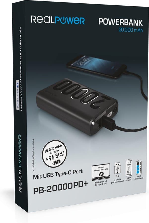 RealPower PB-20000 PD+ Svart 20 000 mAh Powerbank med USB-C Power Delivery för snabb laddning med display, svart