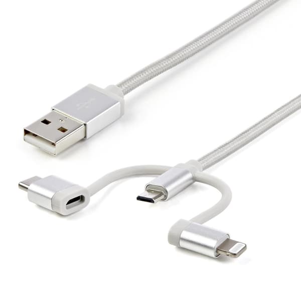 StarTech.com 1 m USB-latauskaapeli - punottu - hopea - 3 in 1 -latauskaapeli - USB-Lightning-/Micro-USB-/USB C-kaapeli - USB-kaapeli - USB (M)-mikro-U