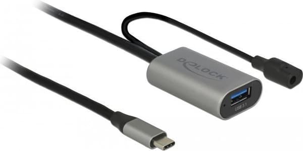 DeLOCK - USB forlængerkabel - USB-C (M) til DC-stik, USB Type A (W) - USB 3.1 Gen 1 - 5,0 m - Grå, Sort (85391)
