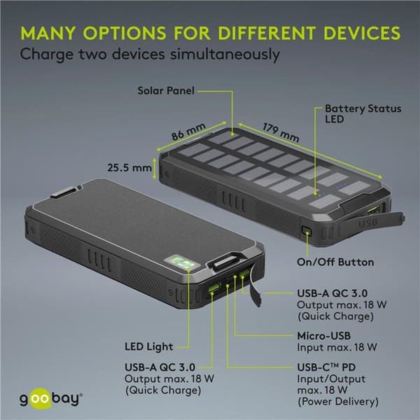 Outdoor Power Bank - 20 000 mAh - 18 W - 2x USB-A ja USB-C - Aurinkopaneelilla - Musta