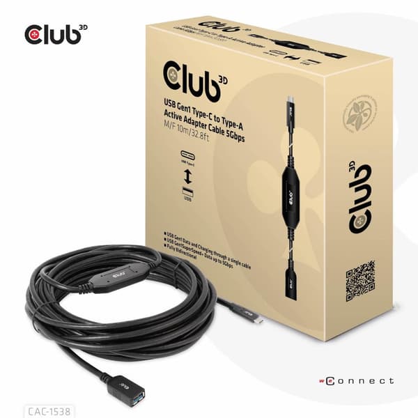 Club 3D - USB-kaapeli - USB-C (M) USB Type A (W) - USB 3.1 Gen 1 - 0,9 A - 10 m - aktiivinen