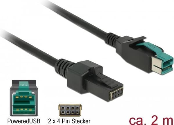 DeLOCK - Virtakäyttöinen USB-kaapeli - USB PlusPower (12 V) (M) 8-nastaiseen (2x4) PoweredUSB Remote Side (M) 2,0 m - Musta (85483)