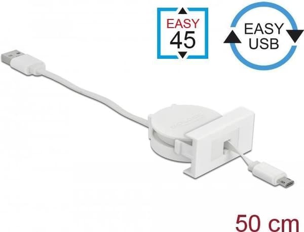 DeLOCK Easy 45 - USB-kaapeli - USB (M) - mikro-USB tyyppi B (M) - USB 2.0 - 5 V - 2 A - 50 cm - sisäänvedettävä, litteä - valkoinen, RAL 9003