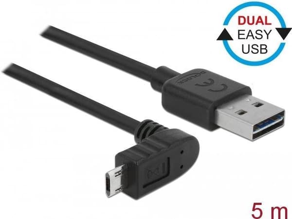 Delock Easy - USB-kabel - USB (M) vendbar til Micro-USB type B (M) vinklet op/ned, dobbeltsidet - USB2.0 - 5.0m - sort (85561)