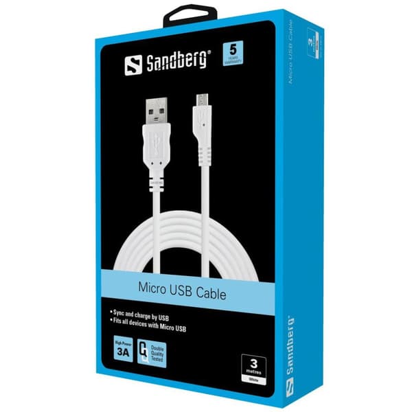 Sandberg - Lataus-/datakaapeli matkapuhelimeen - Micro-USB Type B (W) USB (M) - 3,0m - valkoinen (440-72)