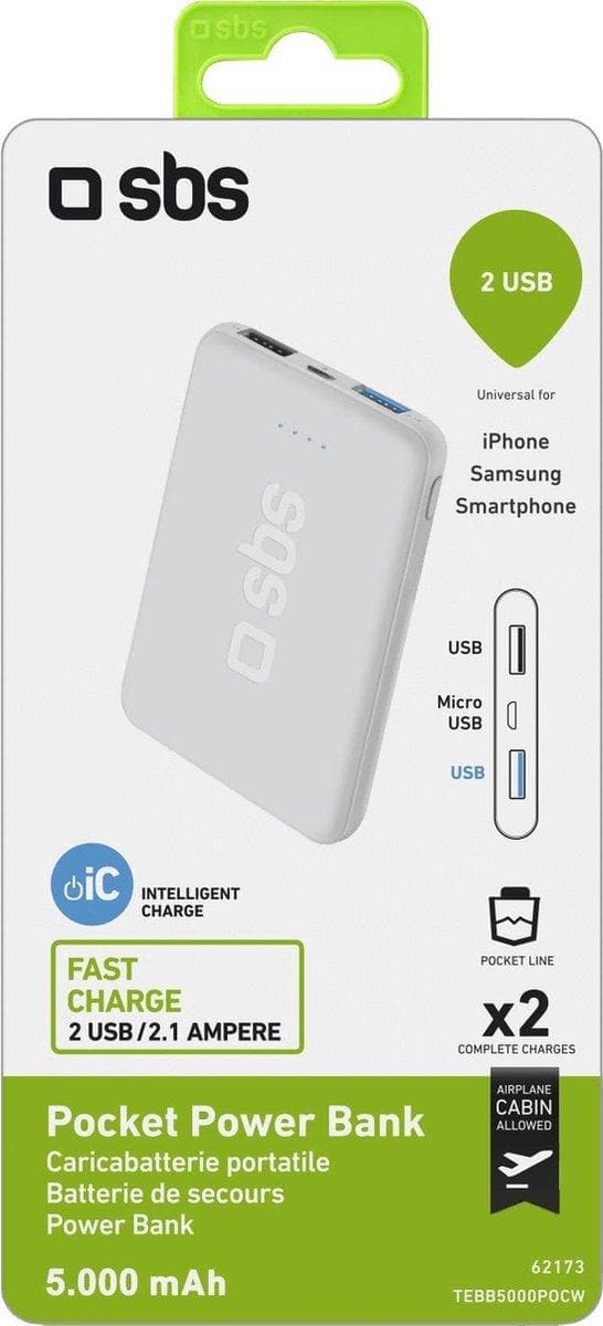 SBS Pocket Dual USB Power Bank 5.000 mAh - Hvid