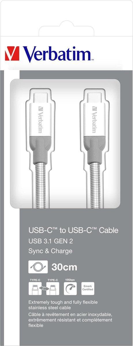 Verbatim ruostumattomasta teräksestä valmistettu synkronointi- ja latauskaapeli USB-C - USB-C - USB 3.1 - 30 cm