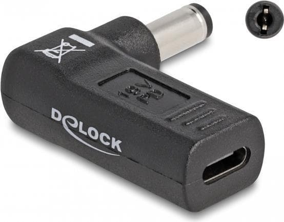 Delock-sovitin kannettavan tietokoneen latauskaapelille USB Type-C™ naaras 5,5 x 2,1 mm uros 90° kulmaan (60010)