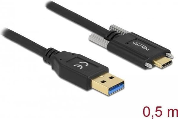 Delock - USB-kabel - USB-C (M) till USB-C (M) - USB 3.2 Gen 1 - 3 A - 50 cm - tumskruvar - svart (84007)