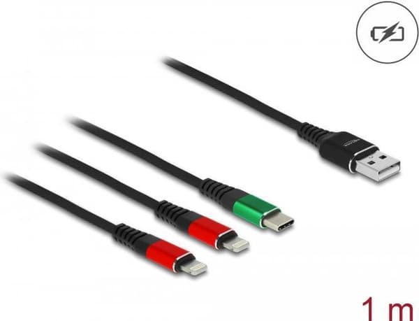 Delock 7,60 cm (3") 1 - kabel kun til opladning - USB han til USB-C, 2 x Apple lighting han - 1,0 m - sort - til Apple 10,2" iPad, AirPods Max, AirPod