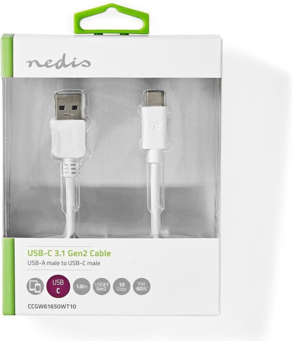 Nedis CCGW61650WT10 USB-kaapeli 1 m USB 3.2 Gen 2 (3.1 Gen 2) USB A USB C Valkoinen (CCGW61650WT10)