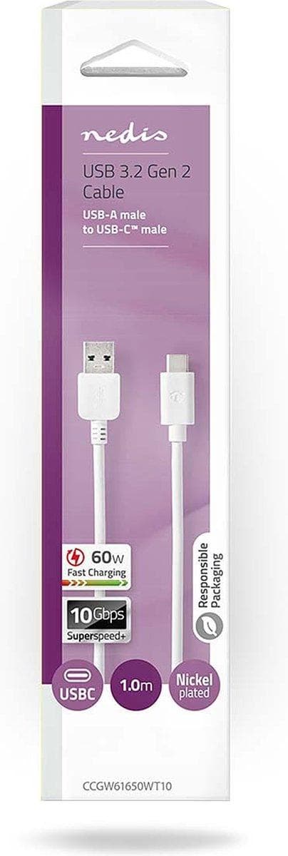 Nedis CCGW61650WT10 USB-kaapeli 1 m USB 3.2 Gen 2 (3.1 Gen 2) USB A USB C Valkoinen (CCGW61650WT10)
