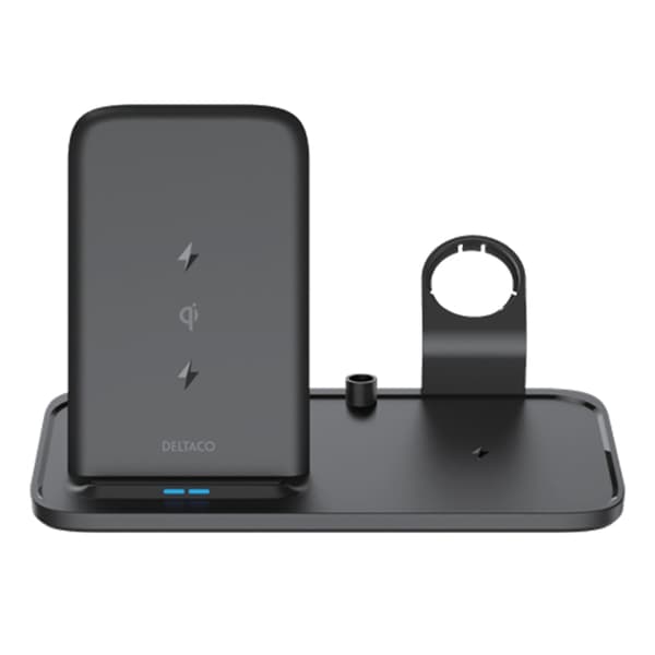 DELTACO 2-i-1 trådlös laddare, 10 W, USB-C, Qi-certifierad, dubbla LED-indikatorer, svart