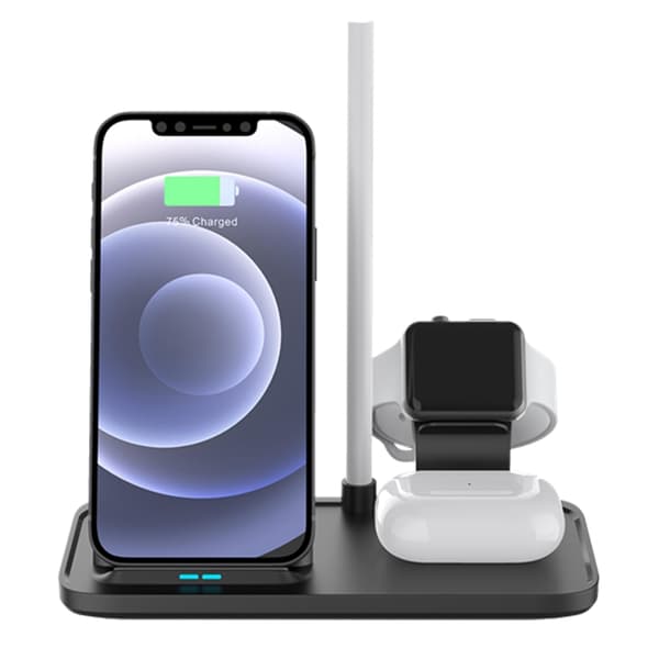 DELTACO 2-i-1 trådlös laddare, 10 W, USB-C, Qi-certifierad, dubbla LED-indikatorer, svart