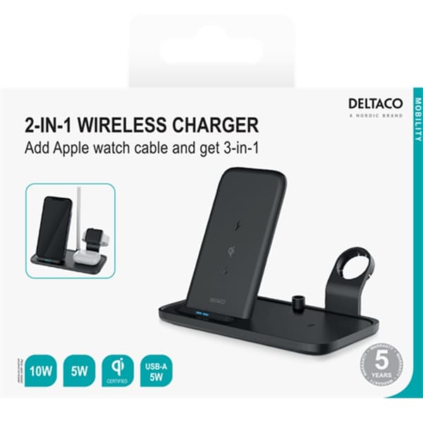 DELTACO 2-i-1 trådlös laddare, 10 W, USB-C, Qi-certifierad, dubbla LED-indikatorer, svart