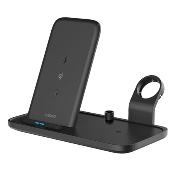 DELTACO 2-i-1 trådlös laddare, 10 W, USB-C, Qi-certifierad, dubbla LED-indikatorer, svart Svart