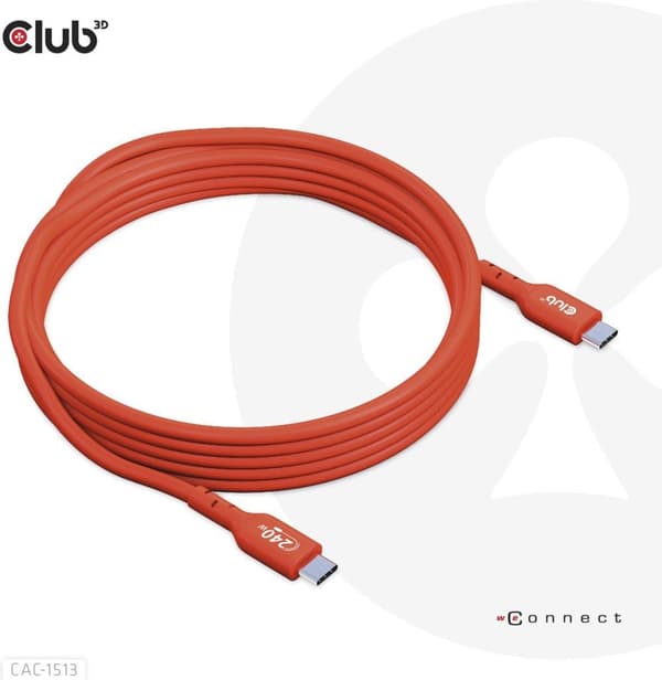 Club 3D - USB-kaapeli - 24-nastainen USB-C (M) - 24-nastainen USB-C (M) 5 A - 3,0 m - kaksisuuntainen, tukee jopa 240 W virtalähdettä, laajennettu teh
