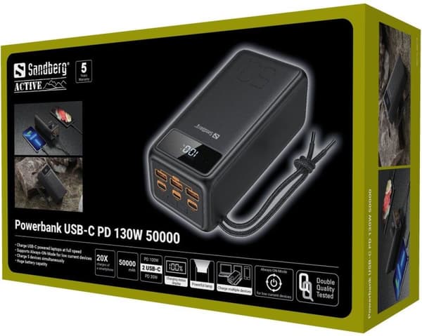 Sandberg Active - Virtapankki - 50 000 mAh - 185 Wh - 5 A - 3 lähtöporttia (USB) - kaapelissa: USB, USB-C (420-75)