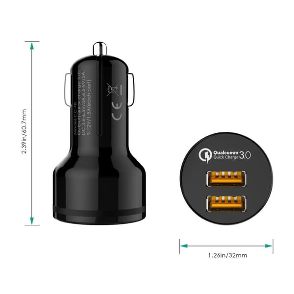 Aukey - 36W QC 3.0 2-port DC-T8 billaddare i Expedition-serien