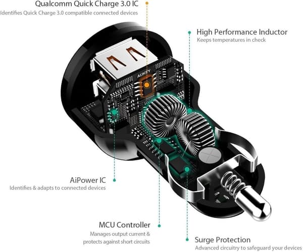 Aukey - 36W QC 3.0 2-port DC-T8 billaddare i Expedition-serien