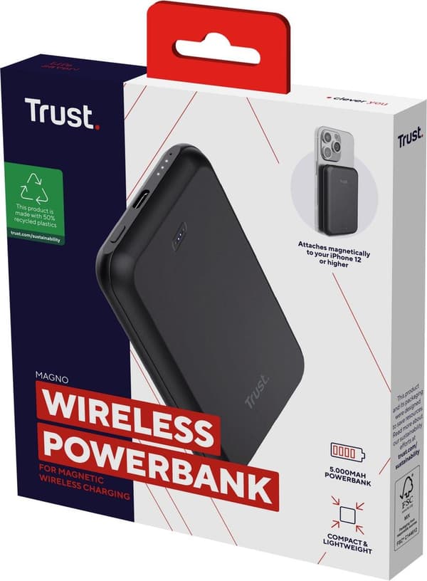 Trust Magno - Induktiivinen virtapankki - Li-Ion - 5000 mAh - 18,5 Wh - 15 Watt - 3 A (24-nastainen USB-C) - Musta