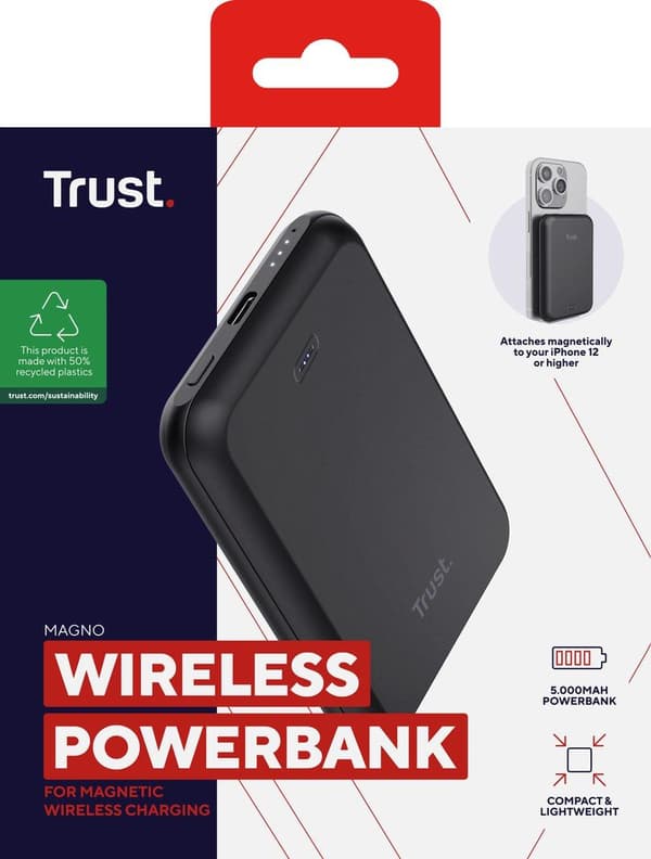Trust Magno - Induktiivinen virtapankki - Li-Ion - 5000 mAh - 18,5 Wh - 15 Watt - 3 A (24-nastainen USB-C) - Musta