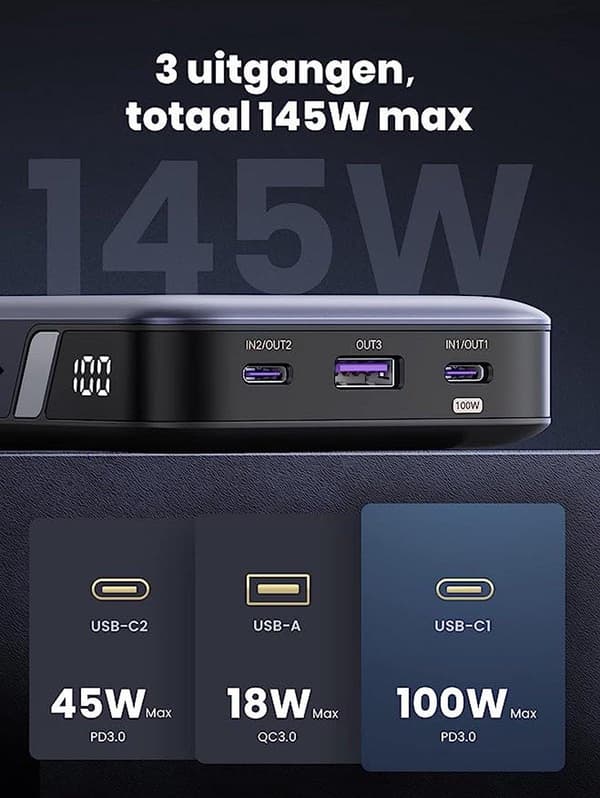 UGREEN 25000 mAh Powerbank 145W tovejs hurtig opladning (90597A)