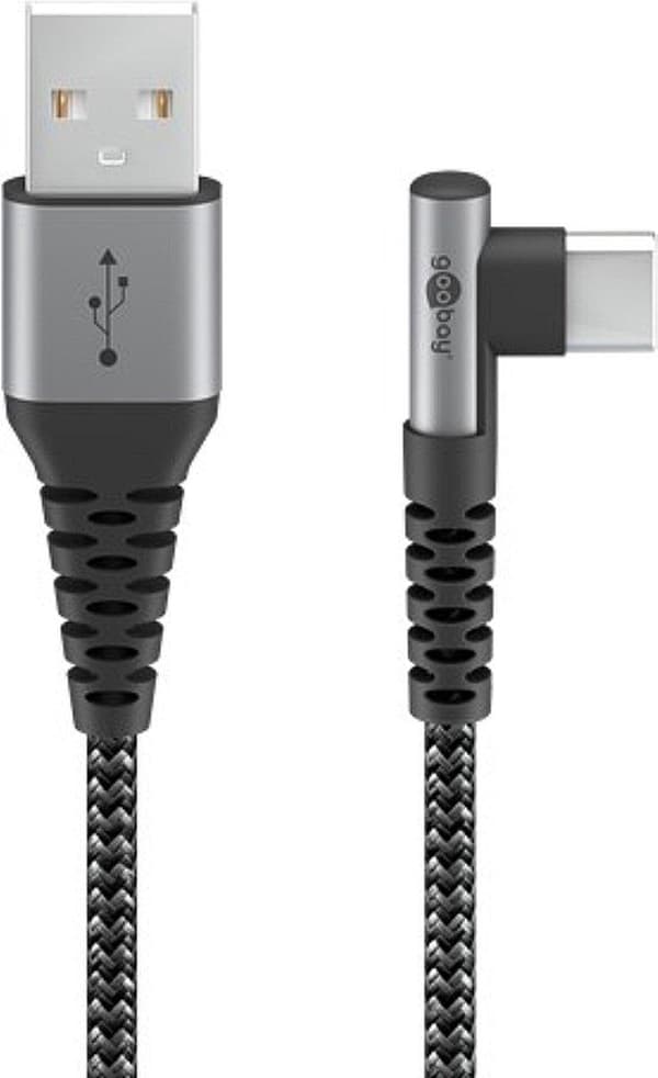 Goobay USB-C™ til USB-C™ tekstilkabel med metalstik (mellemgrå/sølv), 90°, 1 m (64656)