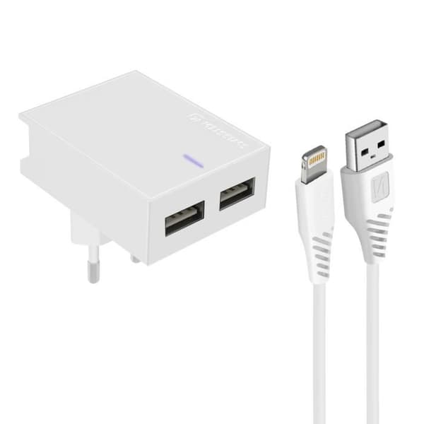Laddare för vägguttag Dubbel USB - Swissten - Slim - 3A - Lightning-kabel 1,2m - Vit