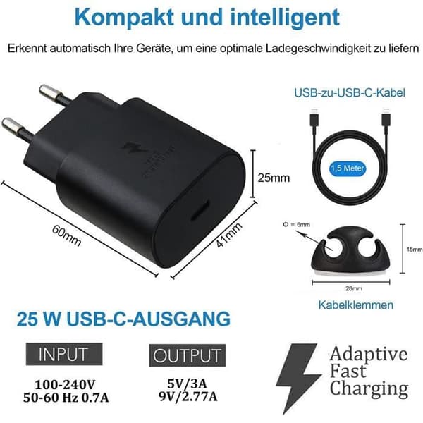 25W USB C snabbladdare, typ C ultrasnabbladdare med 1,5 m USB C till C Android laddningskabel för Samsung A34