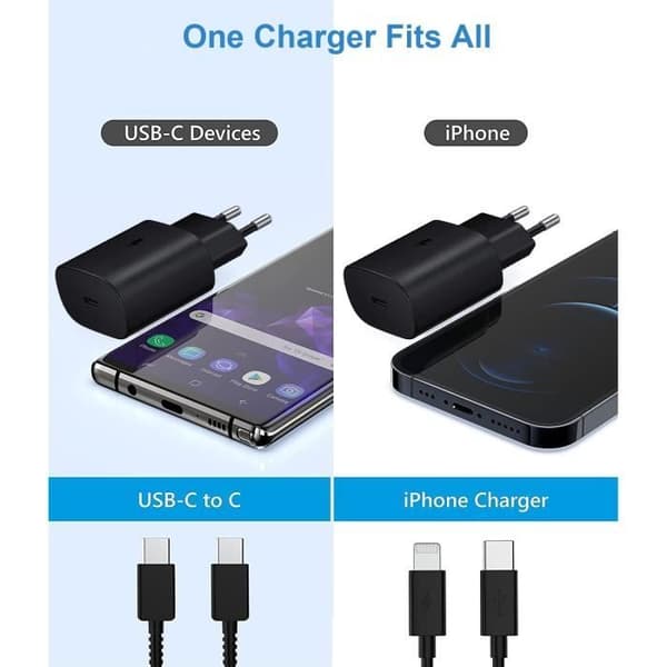Samsung 25 W USB C-laddare - Snabb med 1 m USB C-laddarkabel - PD3.0&PPS - Svart