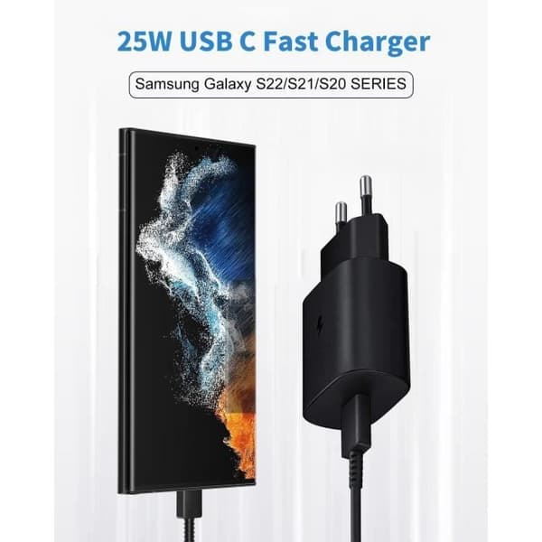 Samsung 25 W USB C-laddare - Snabb med 1 m USB C-laddarkabel - PD3.0&PPS - Svart