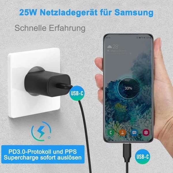 25W USB C Snabbladdare - Supersnabb Power Bank - USB C-laddare för Samsung S22, S22+, S22 Ultra, S21, S21 Ult[1769]