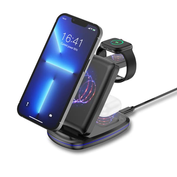 INF 3-i-1 trådløs lader for telefon, smartklokke, trådløse ørepropper Sort