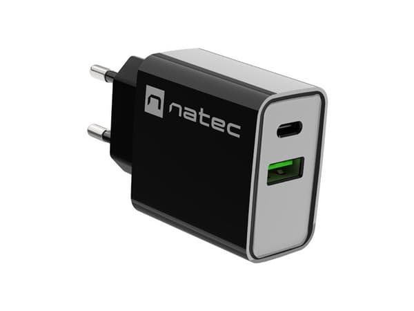 NATEC USB OPLADER RIBERA USB-A+USB-C 20W PD SORT Sort