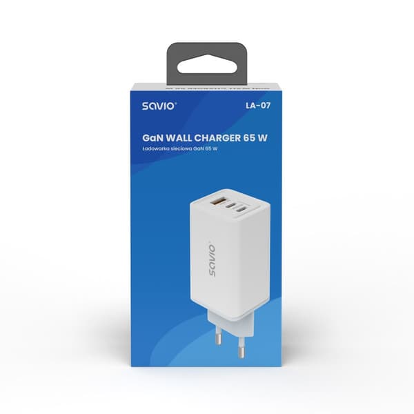 SAVIO LA-07 GaN 65W verkkolaturi, USB, QC4.0+, PD 3.0, valkoinen