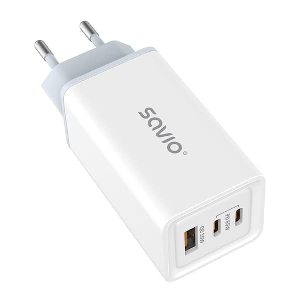 SAVIO LA-07 GaN 65W verkkolaturi, USB, QC4.0+, PD 3.0, valkoinen