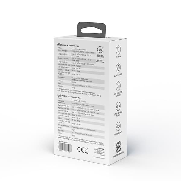 SAVIO LA-07 GaN 65W verkkolaturi, USB, QC4.0+, PD 3.0, valkoinen