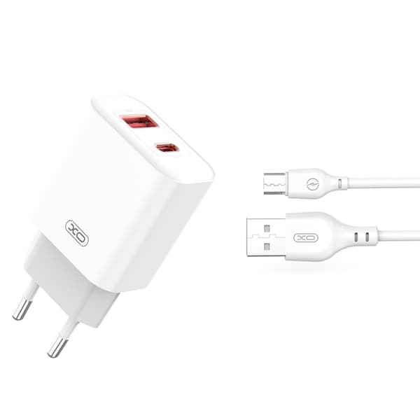 XO USB-Laddare med  1x USB 1x USB-C PD QC3.0 20W & MicroUSB-kabel