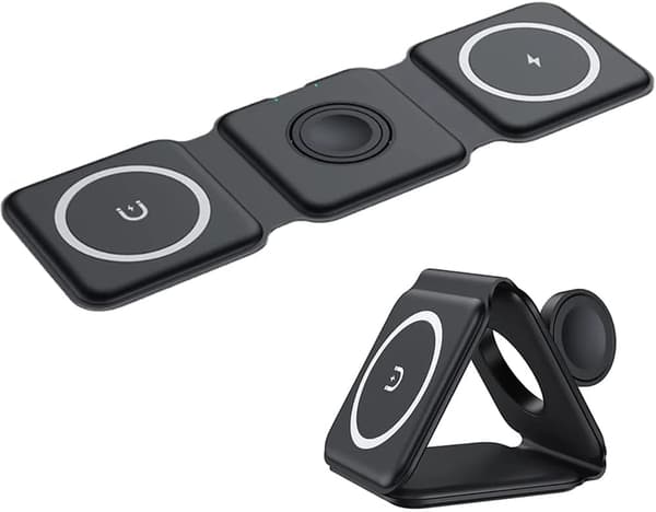 Trådlös Laddning: 3-i-1 Vikbar MagSafe Laddare för Mobil, Klocka och Hörlurar Svart
