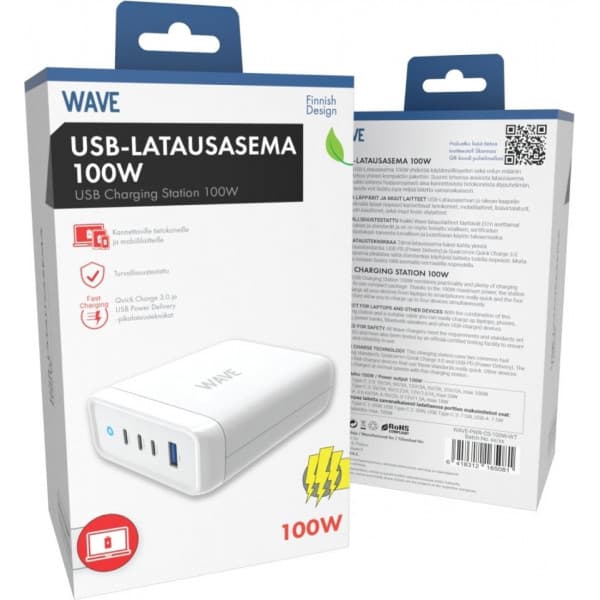 Wave 100 W USB-latausasema, 3x USB-C + 1x USB-A, valkoinen